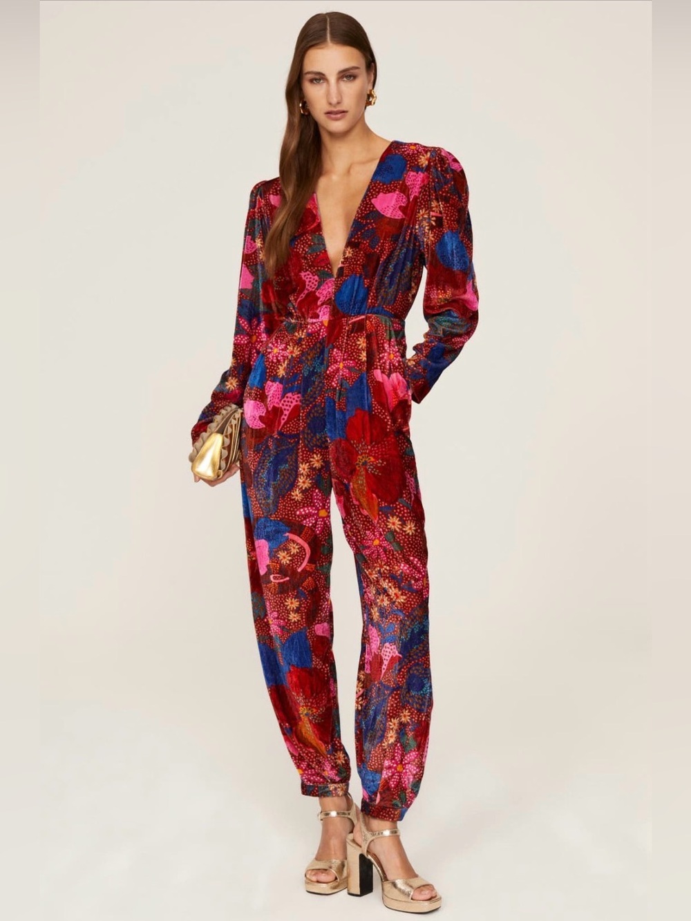 FARM Rio Anthropologie Velvet Red Floral Print Snake Garden Boho Jumpsuit size M - Picture 3 of 5
